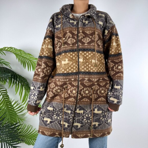 Womens Vintage 90s Brown Aztec Fleece Bohemian Western Zip-Up Jacket / Small - Picture 3 of 7